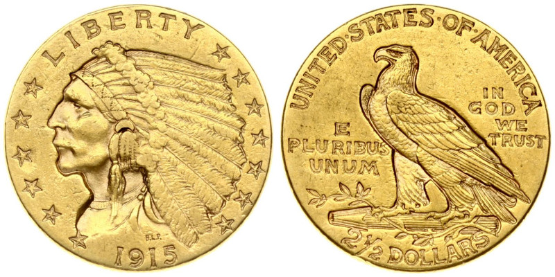 USA 2½ Dollars 1915 Philadelphia. Indian head. Gold 4.16 g. Fr. 120, KM 128.