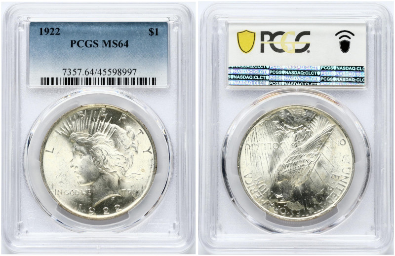 USA 1 Dollar 1922 'Peace Dollar' Philadelphia. Obverse: Capped head of Liberty l...