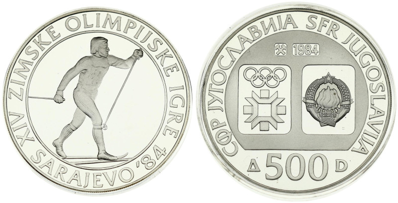 Yugoslavia 500 Dinara 1984 Cross-country Skiing. Obverse: Emblem and Olympic log...