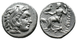 (Silver, 4.20g 17mm) KINGS OF MACEDON. Alexander III 'the Great' (336-323 BC). AR Drachm.
Head of Herakles right, wearing lion skin.
Rev. Zeus seated ...