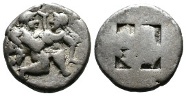 (Silver, 9.13g 21mm) Islands off Thrace, Thasos AR Stater. 500-480 BC. AR
Nude Satyr in kneeling-running stance to right, carrying off a protesting ny...
