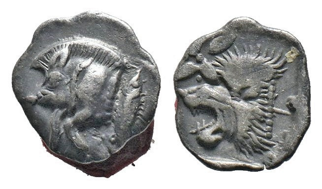 (Silver, 0.42g 10mm) Mysia, Kyzikos AR Hemiobol. Circa 450-400 BC.
Forepart of b...