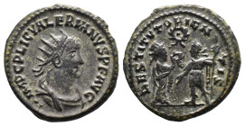 (Bronze, 3.94g 21mm) Valerian I. AD 253-260. AR Antoninianus Samosata
Radiate, draped, and cuirassed bust right
Rev. Orient standing right, presenting...