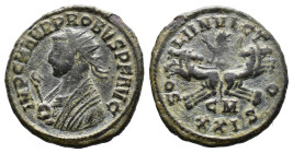 (Bronze, 3.69g 22mm) Probus, 276-282. AE Cyzicus, 280.
Radiate bust of Probus to left, wearing imperial mantle and holding eagle-tipped scepter with h...
