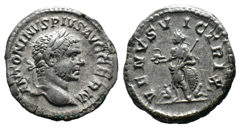 (Silver, 3.26g 19mm) Caracalla as Augustus (AD 198-217). AR denarius
Laureate he...