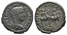 (Silver, 3.00g 19mm) Geta. As Caesar, AD 198-209. AR Denarius Rome mint. Struck AD 202-209.
Bareheaded and draped bust right
Rev: Geta on horseback ri...