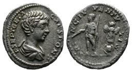 (Silver, 2.99g 19mm) Geta as Caesar AD 197-209. Rome Denarius AR
bareheaded and draped bust right
Rev: Geta standing left, holding baton and sceptre, ...