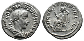 (Silver, 2.99g 21mm) Gordian III. AD 238-244. Rome AR Denarius
laureate, draped and cuirassed bust of Gordian III right
REv. Securitas seated left, ho...
