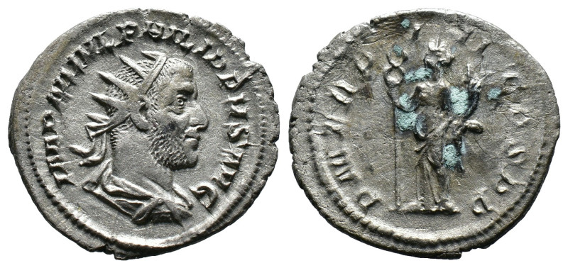 (Silver, 3.16g 24mm) Philip II Antoninianus. Antioch, AD 247.
Radiate, draped an...