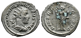 (Silver, 3.16g 24mm) Philip II Antoninianus. Antioch, AD 247.
Radiate, draped and cuirassed bust of Philip I to right
Rev. Felicitas standing left, ho...