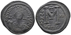 (Bronze, 22.72g 44mm) Justinian I AD 527-565. Theoupolis (Antioch) Follis or 40 Nummi