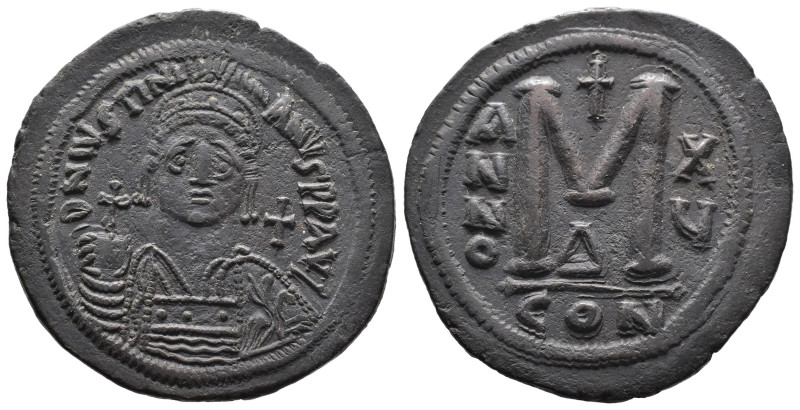 (Bronze, 23.48g 41mm) Justinian I (527-565), Follis,Costantinople, AD 539-565, A...