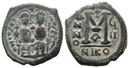 (Bronze, 13.82g 28mm) Justin II, with Sophia AE Follis. Nicomedia, AD 568-569.