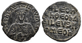 (Bronze, 4.73g 26mm) Leo VI (886-912 AD). AE Follis (27-28 mm, 5.37 g), Constantinopolis.
crowned bust of Leo facing, wearing chlamys, holding akakia ...