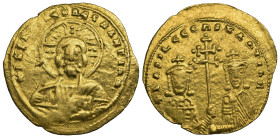 (Gold, 4.32g 24mm) BASIL II BULGAROCTONOS with Constantinus VIII 976-1025 Mint of Constantinople
Histamenon nomisma (solidus) 989/1001.
Nimbate bust o...