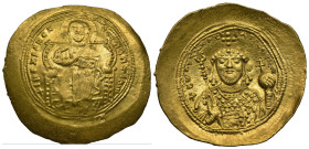 (Gold 4.35g 29mm) Constantine IX, Monomachus , 1042-1055. Histamenon.
Bust of Christ facing, wearing nimbus cruciger, pallium and colobium, raising ri...