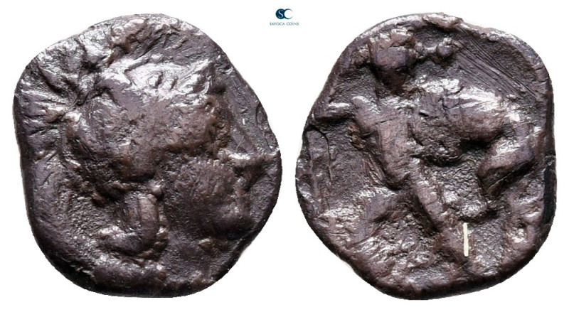 Calabria. Tarentum circa 400-300 BC.
Diobol AR

11 mm, 0,83 g

fine