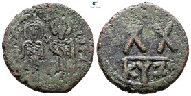 Phocas, with Leontia AD 602-610. Constantinople. Half Follis or 20 Nummi Æ