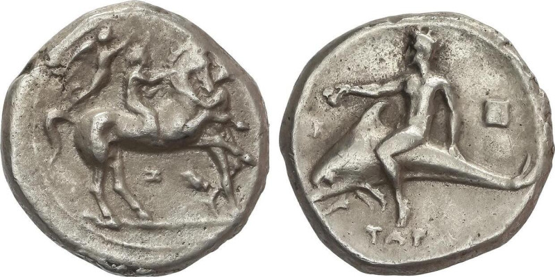 Nomos. 340-332 a.C. TARENTUM. CALABRIA. Anv.: Joven a caballo coronado por Nike ...