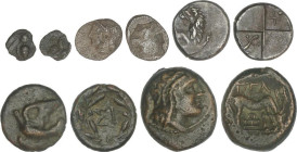 Lote 5 monedas. DIFERENTES CECAS. AR y AE. Incluye Hemidracma de Cherronesos. Tracia; Hemitartemorion de Jonia. Éfeso; AE 15 de Sikion. Peloponeso; AE...