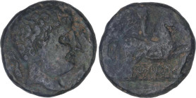 As Uncial. 220-200 a.C. ILTIRTA (LLEIDA). Anv.: Cabeza masculina a derecha, rodeada por tres delfines. Rev.: Jinete con palma y clámide a derecha, deb...