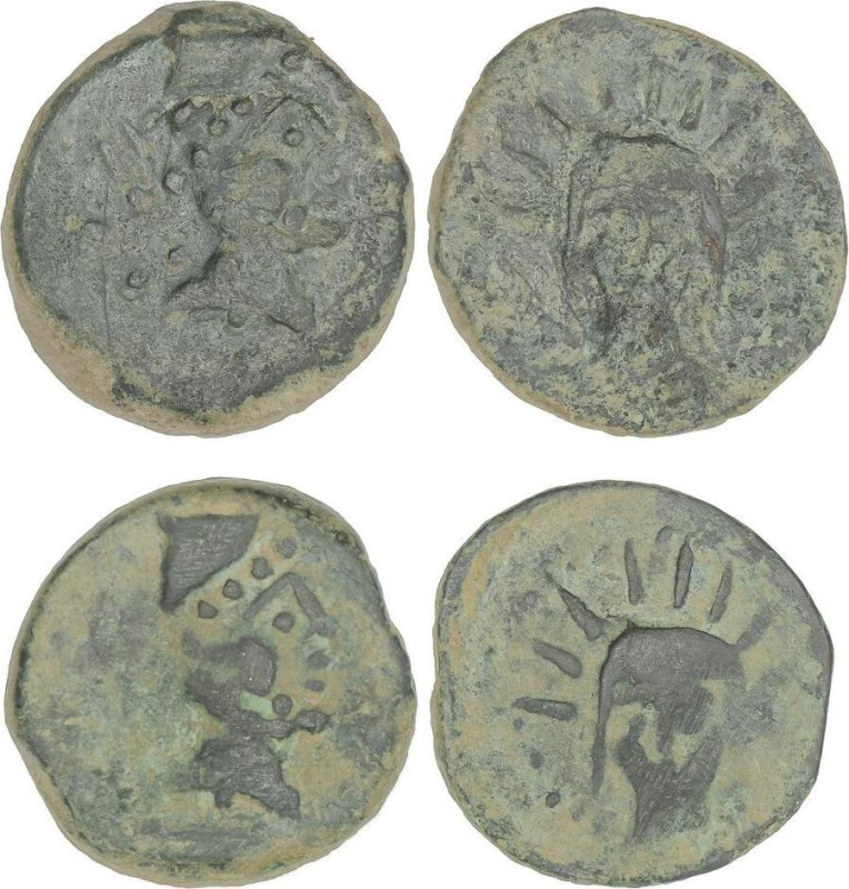 Lote 2 monedas As. 200-20 a.C. MALACA (MÁLAGA). Anv.: Cabeza de Vulcano barbado ...