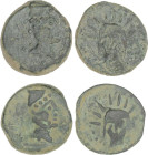 Lote 2 monedas As. 200-20 a.C. MALACA (MÁLAGA). Anv.: Cabeza de Vulcano barbado a derecha con birrete cónico, detrás tenazas y leyenda. Rev.: Busto de...