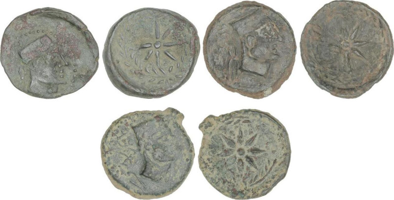 Lote 3 monedas Semis. 200-20 a.C. MALACA (MÁLAGA). Anv.: Cabeza de Vulcano con g...