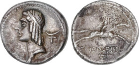 Denario. 64 a.C. CALPURNIA. C. Calpurnius Piso Frugi. Anv.: Cabeza laureada de Apolo a izquierda, detrás Brucanium. Rev.: Jinete galopando a derecha, ...