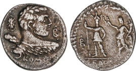 Denario. 100 a.C. CORNELIA. Pub. Cornelius Lentulus Marcellinus. Anv.: Busto de Hércules con maza a derecha, detrás escudo oval, delante letra B con p...
