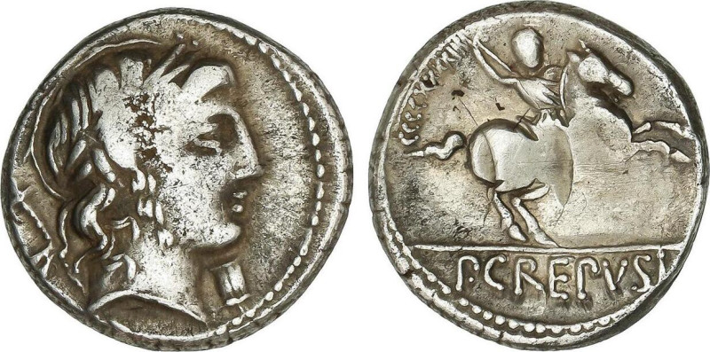 Denario. 82 a.C. CREPUSIA. Publius Crepusius. Anv.: Cabeza laureada de Apolo a d...