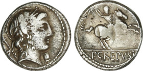 Denario. 82 a.C. CREPUSIA. Publius Crepusius. Anv.: Cabeza laureada de Apolo a derecha, delante flor, detrás A y cetro. Rev.: Jinete con lanza a derec...