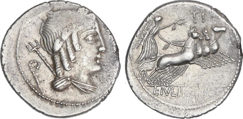 Denario. 85 a.C. JULIA. L. Julius Bursio. Anv.: Cabeza de Apolo Vejovis a derech...