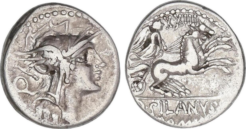 Denario. 91 a.C. JUNIA. D. Junius Silanus L.f. Anv.: Cabeza de Roma a derecha, d...