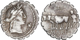 Denario. 81 a.C. MARIA. C. Marius C.f. Capito. Anv.: Cabeza laureada de Ceres a derecha, encima número LI (L en forma de T invertida), debajo de la ba...