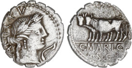 Denario. 81 a.C. MARIA. C. Marius C.f. Capito. Anv.: Cabeza laureada de Ceres a derecha, encima número CXV, debajo de la barbilla fíbula y leyenda (C....