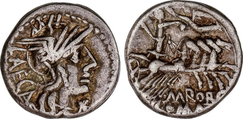 Denario. 125 a.C. PORCIA. Marcius Porcius Laeca. Anv.: Cabeza de Roma a derecha,...