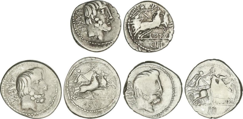 Lote 3 monedas Denario. 89 a.C. TITURIA. L. Titurius L.f. Sabinus. AR. Todas con...