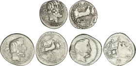 Lote 3 monedas Denario. 89 a.C. TITURIA. L. Titurius L.f. Sabinus. AR. Todas con reverso Victoria con corona en biga a derecha, debajo L. TITVRI. En e...