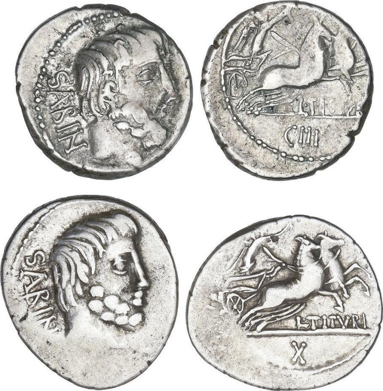 Lote 2 monedas Denario. 89 a.C. TITURIA. L. Titurius L.f. Sabinus. Anv.: Cabeza ...