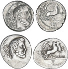 Lote 2 monedas Denario. 89 a.C. TITURIA. L. Titurius L.f. Sabinus. Anv.: Cabeza del rey Tatius a derecha, detrás SABIN. Rev.: Victoria con corona en b...
