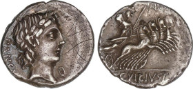 Denario. 90 a.C. VIBIA. C. Vibius C.f. Pansa. Anv.: Cabeza laureada de Apolo a derecha, entre PANSA y O. Rev.: Minerva en cuadriga a derecha. En exerg...