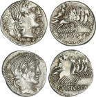 Lote 2 monedas Denario. 90 a.C. VIBIA. C. Vibius C.f. Pansa. Anv.: Cabeza laureada de Apolo a derecha, entre PANSA y arado o brucanio. Rev.: Minerva e...