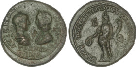 AE 26. Acuñada el 238-244 d.C. GORDIANO III y TRANQUILINA. Anv.: Bustos enfrentados de Gordiano y Tranquilina, alrededor leyenda. Rev.: Figura de pie ...