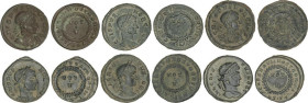 Lote 6 monedas Follis 19 mm. Acuñadas el 320-321 d.C. CRISPO. AQUILEIA, ARELATE (2), SISCIA (2), TICINUM. Rev.: CAESARVM NOSTRORVM. Dentro de corona d...