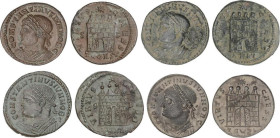 Lote 4 monedas Follis. Acuñada el 329 d.C. CONSTANTINO II. ARELATE. Anv.: CONSTANTINVS IVN. NOB. C. Busto a derecha. Rev.: VIRTVS CAESS. Entrada de ca...