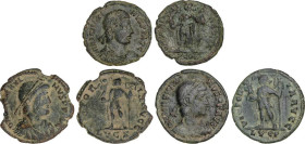 Lote 3 monedas Maiorina 22 mm. Acuñadas el 383-388 d.C. MAGNO MÁXIMO. ARELATE y LUGDUNUM (2). Anv.: D.N. MAG. MAXIMVS P.F. AVG. Busto a derecha. Rev.:...