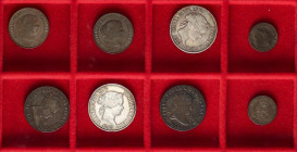 Lote 8 monedas. 1847 a 1868. 8 Maravedís 1858 Barcelona y Jubia 1847, 1 Céntimo de Escudo Segovia 1867 y 1868, 2-1/2 Céntimos de Escudo Segovia 1867 y...