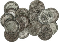 Lote 18 monedas 1 Real. 1848 a 1863. BARCELONA, MADRID, SEVILLA. (Algunas con restos de soldadura). A EXAMINAR. BC a MBC+.