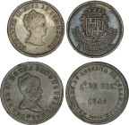 Lote 2 medallas Mayoría de edad. 1843. BARCELONA y FERROL. AR y AE. Ø 23 y 26 mm. A EXAMINAR. He-3, 7. MBC a MBC+.
